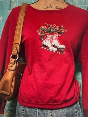 Bon Worth Red Holiday Sweater with Skates Embroidery